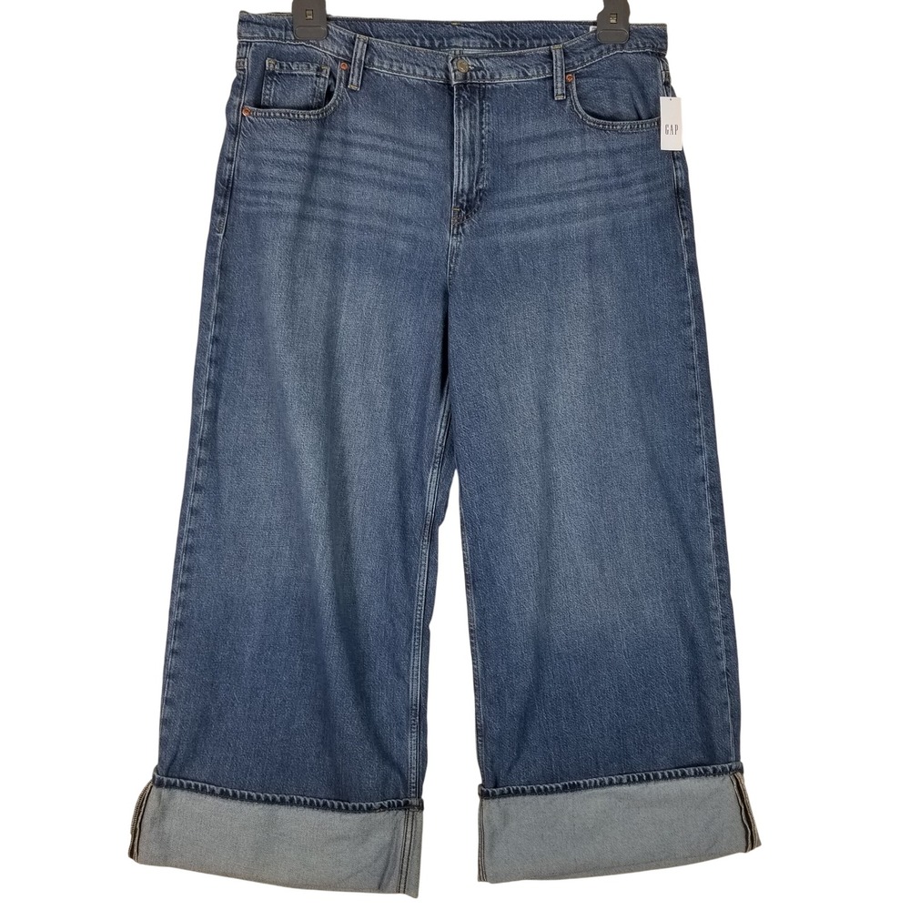 GAP Baggy Mid Rise Jeans Women 18 Regular Blue Ultrasoft Wide Leg Cuffed 734209